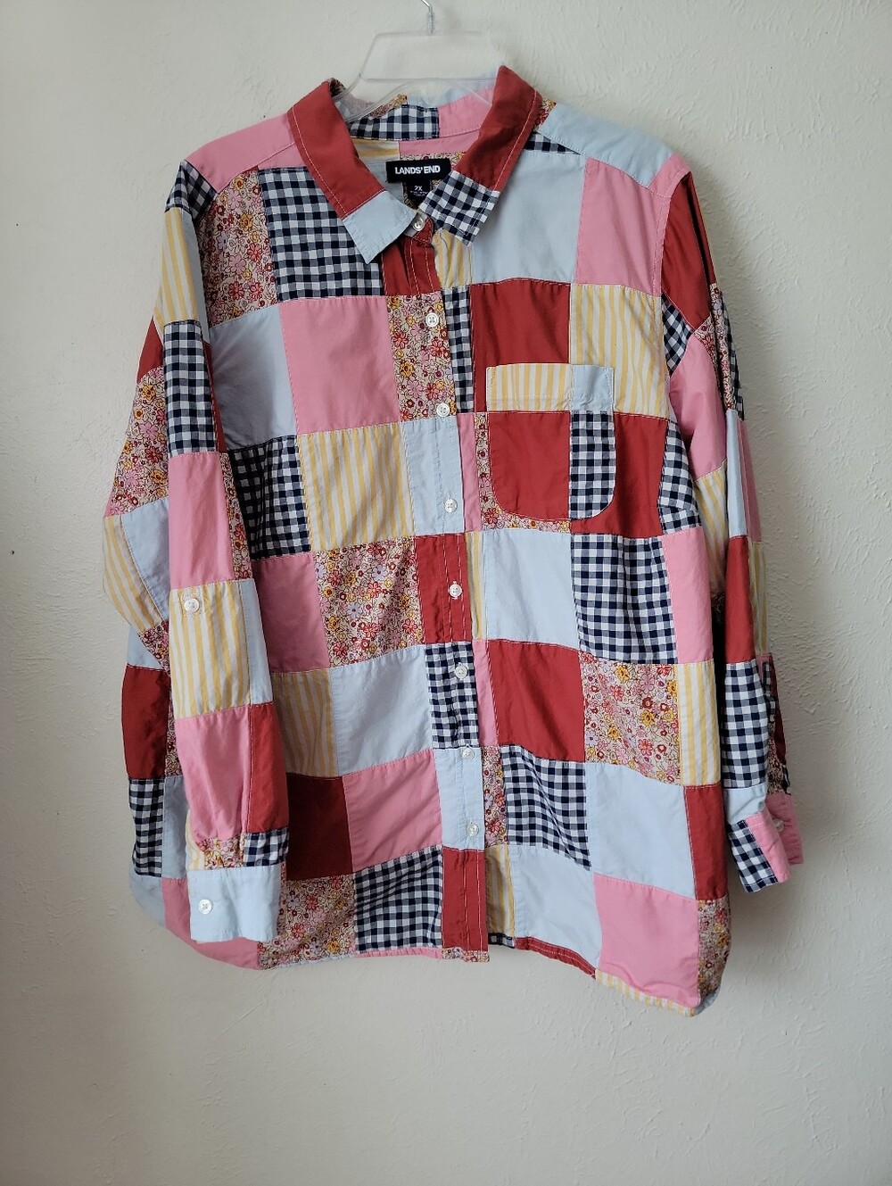 Lands' End Multicolor Patchwork Button-Down Shirt Boho Fall Artsy